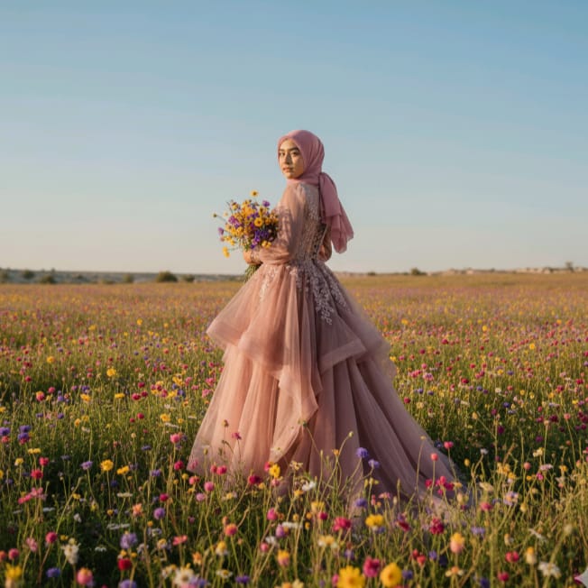 Potret Realistis ala Prompt Gemini AI Tampilkan Pesona Wanita Berhijab di Tengah Padang Bunga Bernuansa Mewah